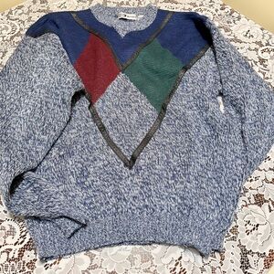 80s/90s man’s sweater urban works blue/ white heathered knit leather trim large